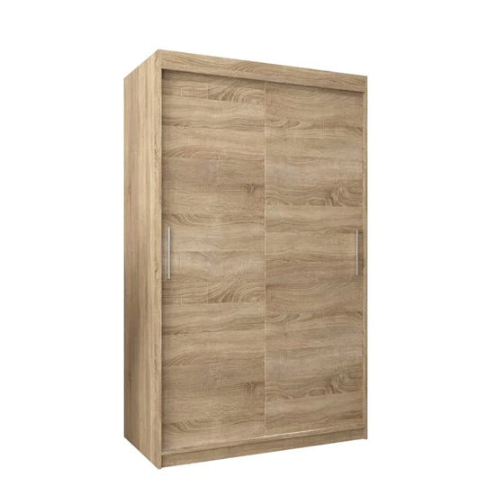 CHOICEWARDROBE Tavira 120cm Sonoma Oak sliding door wardrobe with silver handles.