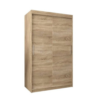 The CHOICEWARDROBE Tavira 120cm Sonoma Oak Sliding Door Wardrobe features a space-saving 2-door design with smooth sliding panels for smart bedroom storage, shown against a white background.