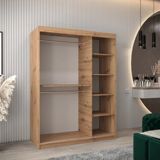 CHOICEWARDROBE Tavira 150cm Artisan Oak sliding door wardrobe with two doors and internal storage.