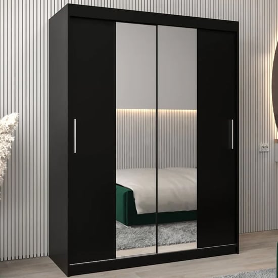 Black two-door sliding wardrobe with mirrored fronts.