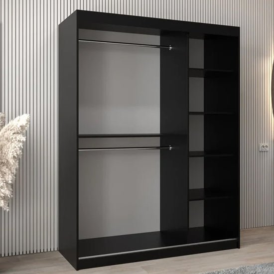 CHOICEWARDROBE 150cm black sliding wardrobe with two mirrored doors and internal shelving