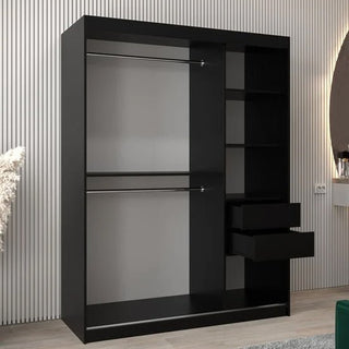 The CHOICEWARDROBE Tavira 150cm Black Mirrored Sliding Wardrobe features a matte finish, 2 doors, storage shelves, and a hanging rail—ideal for modern bedrooms seeking a stylish alternative to traditional wardrobes.