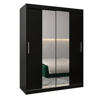 The CHOICEWARDROBE Tavira 150cm Black Mirrored Sliding Wardrobe features a matte finish, two mirrored sliding doors, storage shelves, and a hanging rail—perfect for modern bedrooms.
