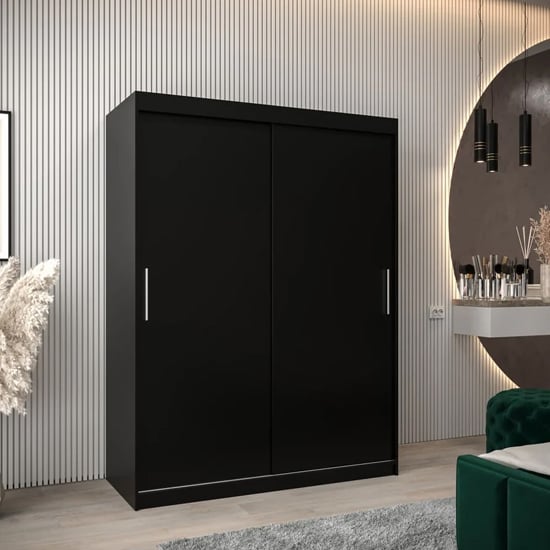 ChoiceWardrobe Tavira 150cm sliding door wardrobe in matte black with sleek silver handles.