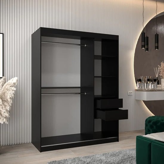 Black sliding door wardrobe interior showing two hanging rails and shelving compartments.
