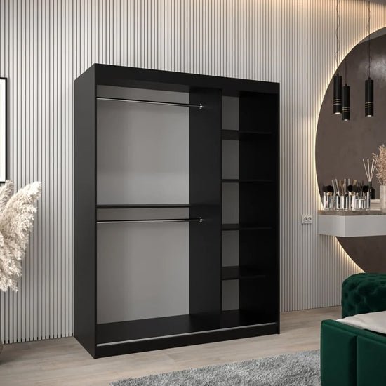 CHOICEWARDROBE 150cm black sliding door wardrobe with two hanging rails and visible shelves.