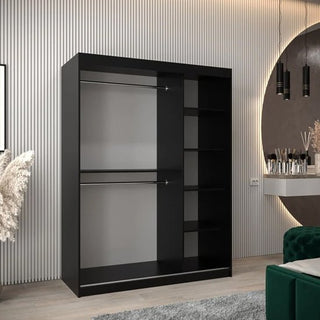 Angled view of ChoiceWardrobe Tavira 150 cm black sliding wardrobe – sleek minimalist design enhancing modern bedroom interiors.