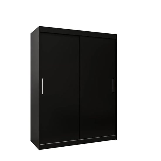 Black sliding door wardrobe with silver handles, modern design