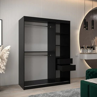 Interior layout of the ChoiceWardrobe Tavira 150 cm wardrobe showing hanging rail and shelving compartments – efficient space-saving storage solution for smaller rooms.
