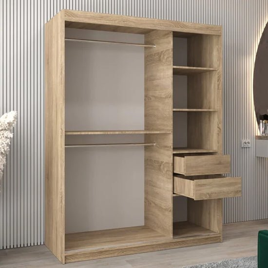 Sonoma Oak 150cm sliding door wardrobe with mirrored panels and visible internal shelves and hanging rails.