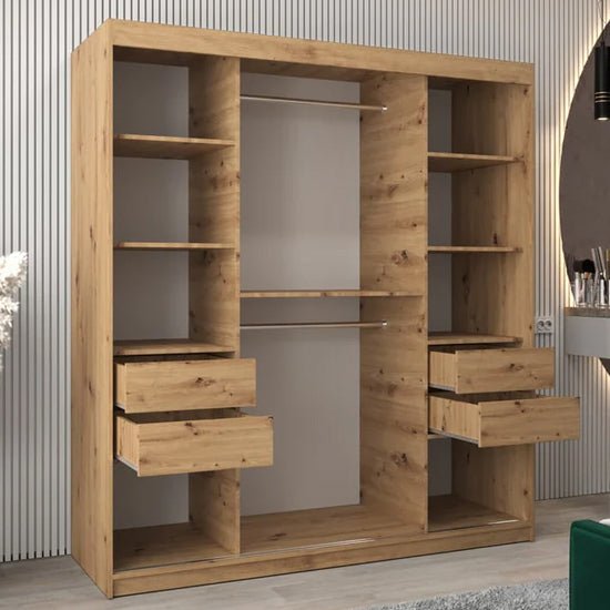 CHOICEWARDROBE Tavira 180cm Artisan Oak sliding wardrobe with mirrored doors and visible drawers.