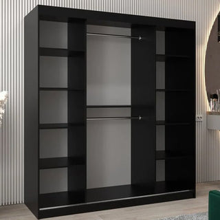 The CHOICEWARDROBE Tavira 180cm Black Mirrored Sliding Door Wardrobe features a modern 2-door design with full-length mirrors, two central hanging rods, and multiple side shelves—perfect as a contemporary storage solution.