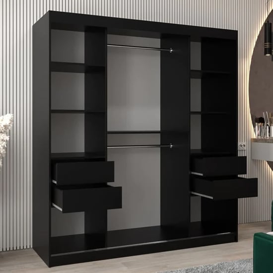 Black 2-door sliding wardrobe with mirrored doors, showing internal shelves and drawers.