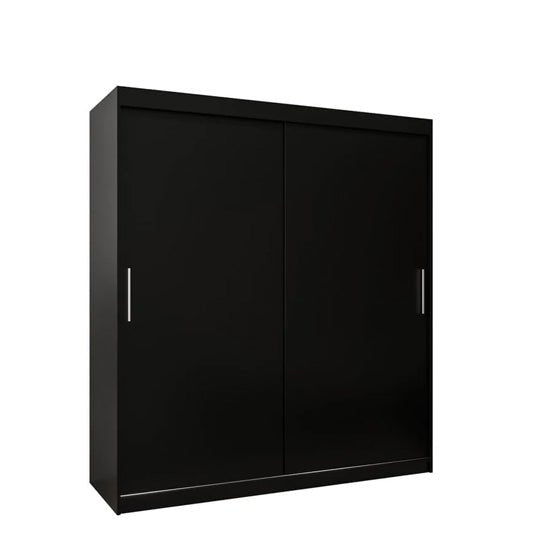 Black two-door sliding wardrobe with silver handles and a matt finish