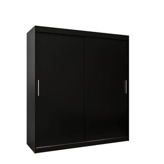 The CHOICEWARDROBE Tavira 180cm Black Sliding Door Wardrobe features a sleek modern design with silver handles, hanging rail, and adjustable shelves. Its space-saving rectangular form fits perfectly in any bedroom.