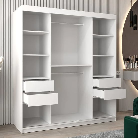 White sliding door wardrobe with mirrored doors and visible internal shelving and hanging rails.