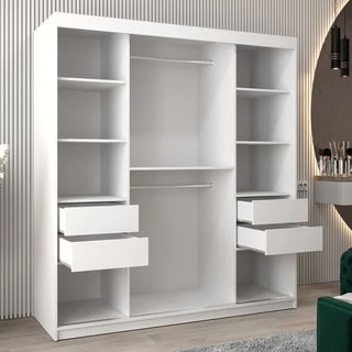 The CHOICEWARDROBE Tavira 180cm White Mirrored Sliding Door Wardrobe features a modern 2-door design with full-length mirrors, multiple shelves, four drawers, two hanging rods, and bright minimalist storage—perfect against a light-colored wall.