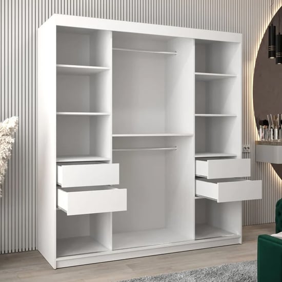 White 180cm 2-door sliding mirrored wardrobe with internal shelving and hanging rail