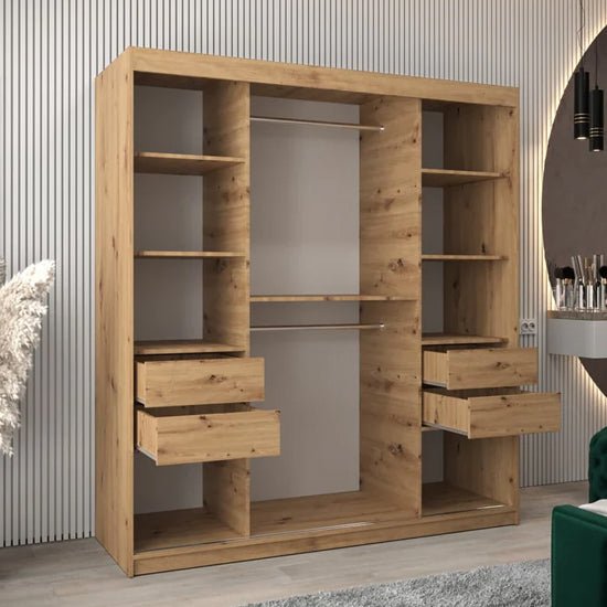 CHOICEWARDROBE Tavira 180cm oak effect sliding wardrobe with shelves and hanging rail