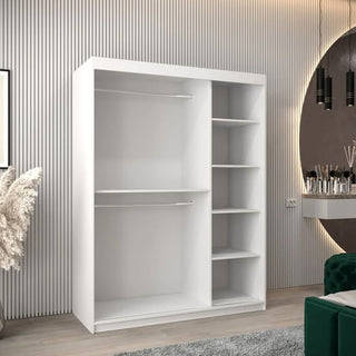 The CHOICEWARDROBE Tavira 2 Door Sliding Mirrored Wardrobe in 150 cm white finish features two hanging rods left and five open shelves right, offering modern storage that suits contemporary rooms.