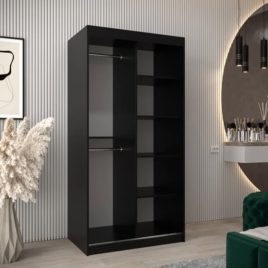 Black 2-door sliding wardrobe with mirrored doors and internal shelving