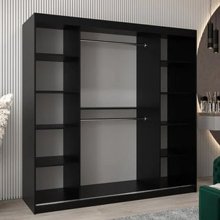 The CHOICEWARDROBE Tavira 2 Door Sliding Mirrored Wardrobe in black matte finish features a modern full-length mirror, hanging rail, and shelves—offering stylish open storage for your space.