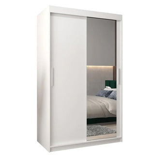 The CHOICEWARDROBE Tavira 2 Door Sliding Mirrored Wardrobe in white features a compact 120cm design, smooth sliding doors, an elegant full-length mirror, and functional shelving for stylish bedroom storage.