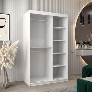 The CHOICEWARDROBE Tavira 2 Door Sliding Mirrored Wardrobe (120cm, white finish) features a modern full-length mirror, shelving on one side, and a hanging rail on the other—perfect for stylish and organized bedroom storage.