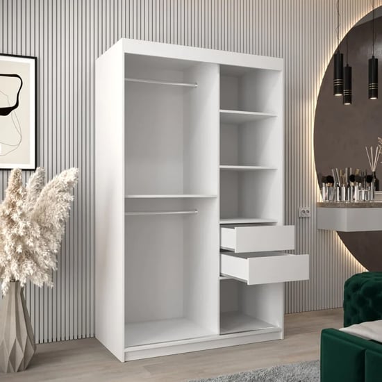 CHOICEWARDROBE white sliding wardrobe with mirrored doors and internal shelving/hanging rail.