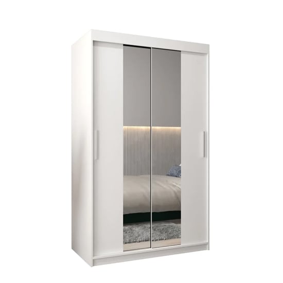 White 2 door sliding wardrobe with full-length mirrored front panels.