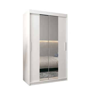 The CHOICEWARDROBE Tavira 2 Door Sliding Mirrored Wardrobe in white features modern full-length mirrors, shelving, and a hanging rail—an elegant 120cm storage solution ideal for contemporary bedrooms.