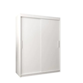 The CHOICEWARDROBE Tavira 2 Door Sliding Wardrobe (150cm) in matt white features a modern, space-saving rectangular design with recessed handles, shelves, and drawers. Shown here against a plain white background.
