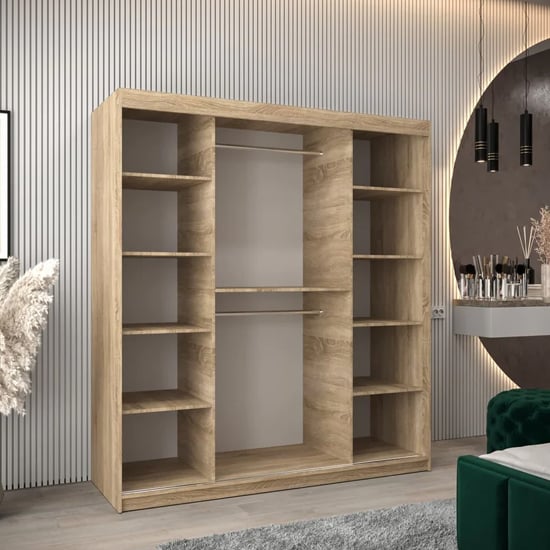 CHOICEWARDROBE Tavira 2 door sliding wardrobe, 180cm, Sonoma Oak finish with shelves and hanging space.