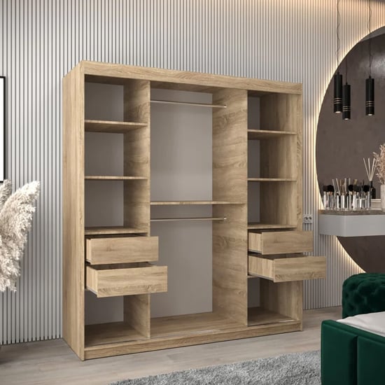 CHOICEWARDROBE Tavira 180cm 2 Door Sliding Wardrobe in Sonoma Oak with open drawers