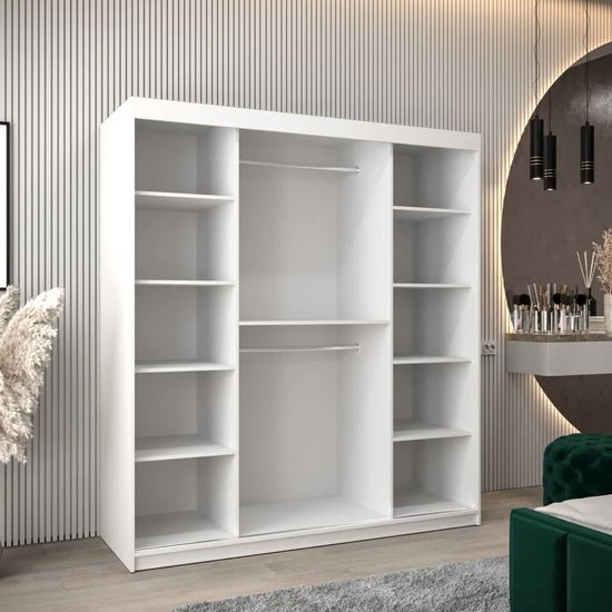 CHOICEWARDROBE Tavira 180cm white 2-door sliding wardrobe interior view with shelves and hanging rails.