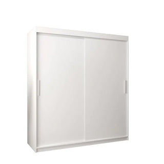 The CHOICEWARDROBE Tavira 2 Door Sliding Wardrobe (180cm, Matt White) offers a minimalist modern design with spacious shelving and rails, featuring two sliding doors against a white finish.