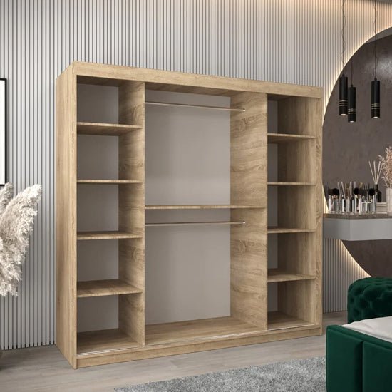CHOICEWARDROBE 2 door sliding wardrobe in Sonoma Oak finish with visible shelves and hanging rails.