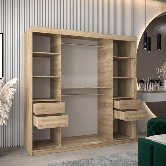 CHOICEWARDROBE Tavira 200cm 2 door sliding wardrobe in Sonoma Oak finish with visible shelves and drawers.