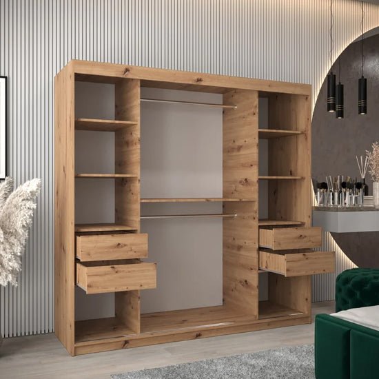 CHOICEWARDROBE Tavira 200cm Artisan Oak sliding wardrobe with open doors showing shelves and hanging rails.