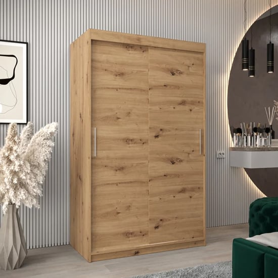 CHOICEWARDROBE Tavira 2-door sliding wardrobe in natural oak finish with wood grain design.