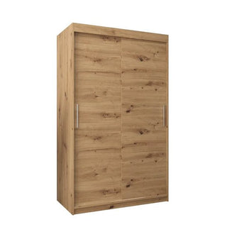 The CHOICEWARDROBE Tavira 2 Door Sliding Wardrobe features a natural oak finish, modern wood grain design, and offers shelves and drawer storage for added convenience.