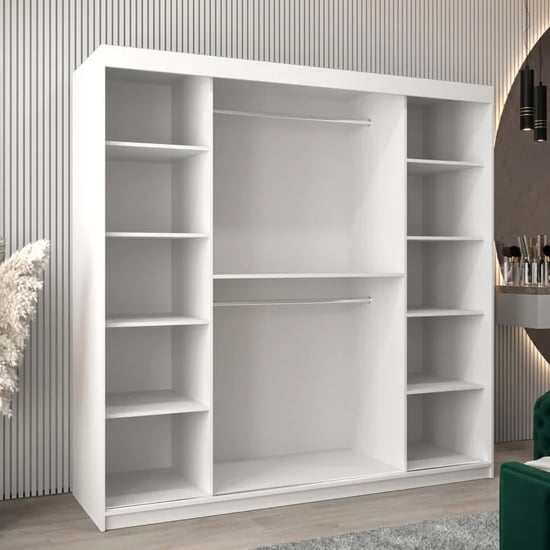 CHOICEWARDROBE Tavira 200cm white sliding mirrored door wardrobe interior with shelves and hanging rails.