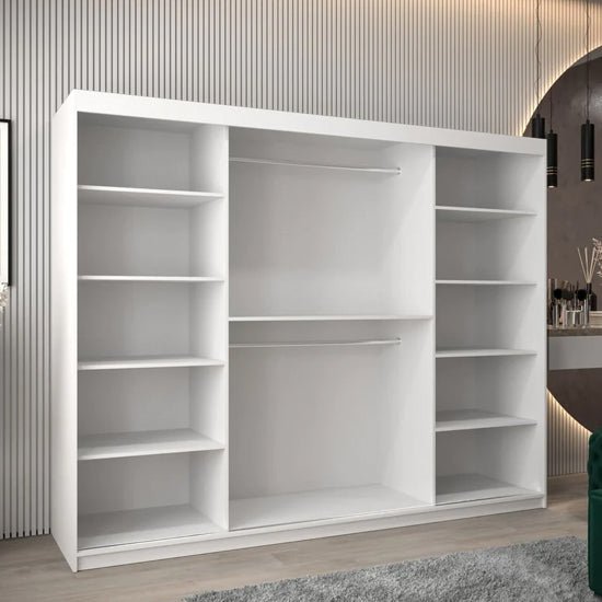 CHOICEWARDROBE Tavira 250cm white 3 door sliding wardrobe with internal shelves and hanging rails.