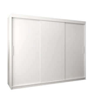 The CHOICEWARDROBE Tavira 250cm 3 Door Sliding Wardrobe features a white finish, minimalist design, shelves, and hanging rails—ideal for modern storage needs.