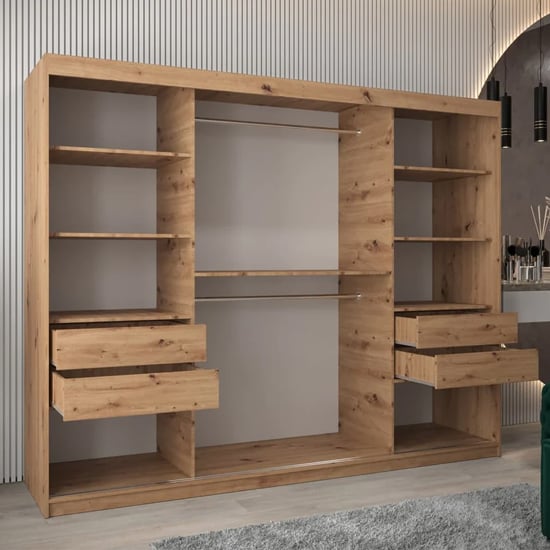 CHOICEWARDROBE Tavira 250cm Sonoma Oak sliding door wardrobe with visible shelves, hanging rails and drawers.