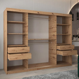 The CHOICEWARDROBE Tavira 250cm Mirrored Sliding Door Wardrobe in Sonoma Oak, featuring 3 doors, full-length mirrors, open shelves, hanging rods, and drawers, stands against a vertical-lined wall in a modern bedroom.