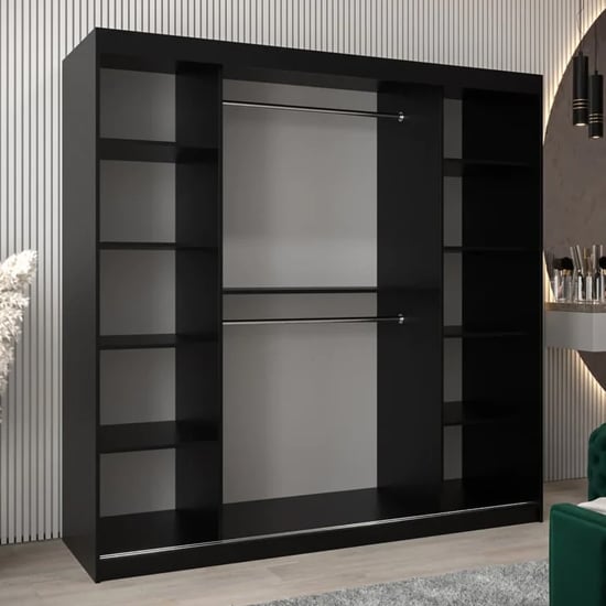 Black 3-door mirrored sliding door wardrobe with internal shelves visible.