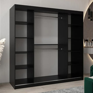 The CHOICEWARDROBE Tavira 250cm Sonoma Oak Mirrored Sliding Door Wardrobe, featuring 3 doors, full-length mirrors, and modern storage, stands against a wall with vertical striped paneling in a contemporary room.