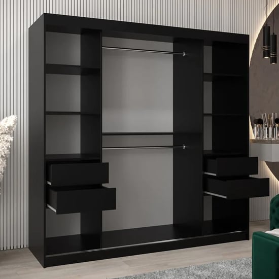 CHOICEWARDROBE Tavira 250cm 3-door black mirrored sliding door wardrobe with internal drawers.