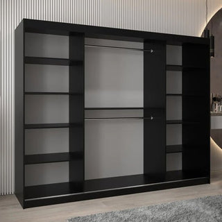 The CHOICEWARDROBE Tavira 3 Door Mirrored Sliding Wardrobe in a black finish with full mirror panels features spacious interior storage, modern design, and stands stylishly against a wall with vertical lines on a light-colored floor.